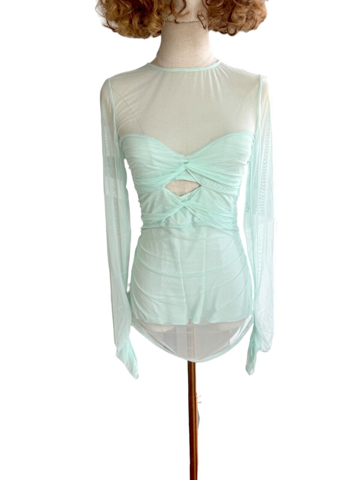 CUE Mesh Long Sleeve Gathered Top |Sz 10,Mint Green, Ruched, Sheer, Cut Out