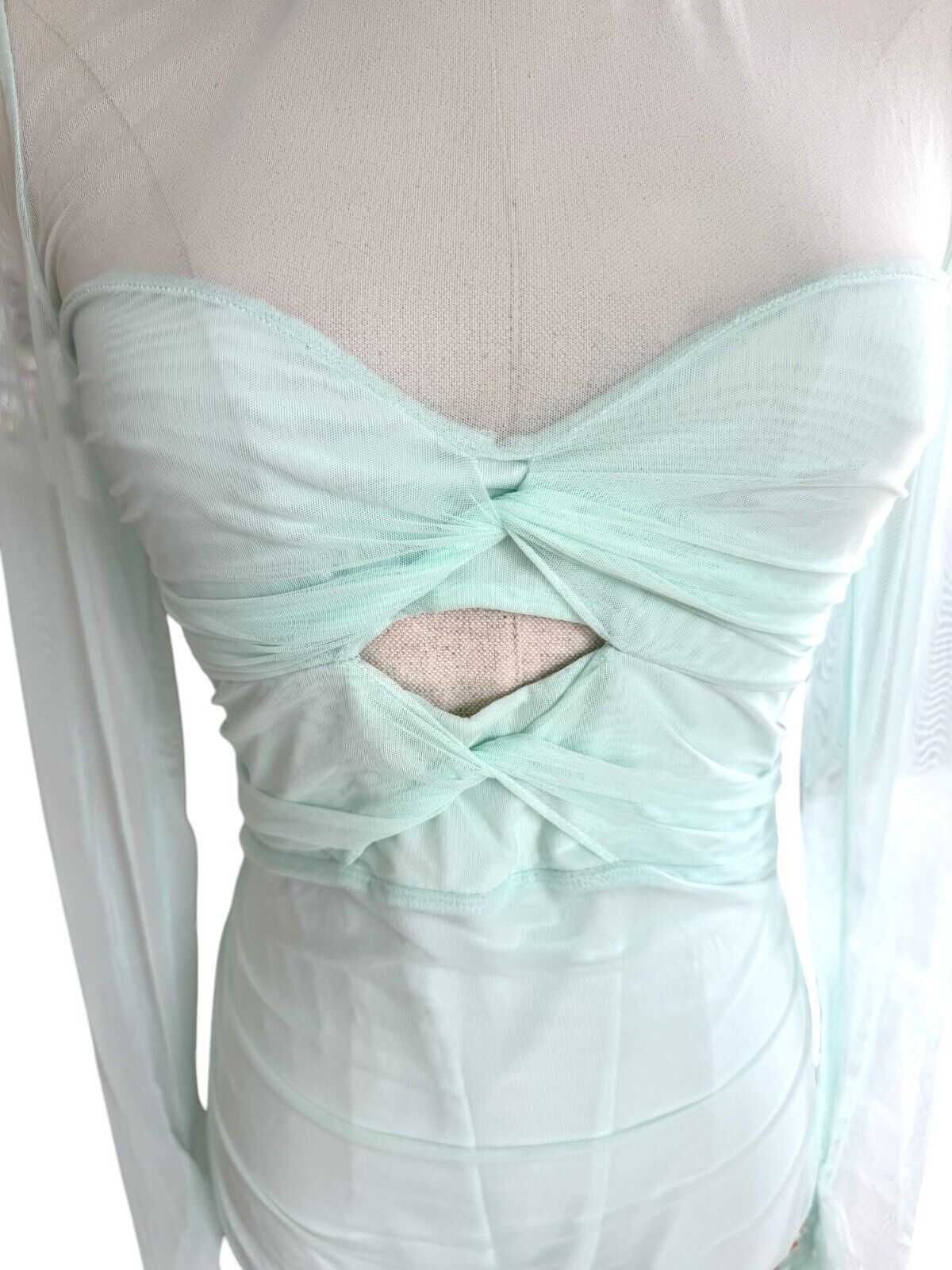 CUE Mesh Long Sleeve Gathered Top |Sz 10,Mint Green, Ruched, Sheer, Cut Out