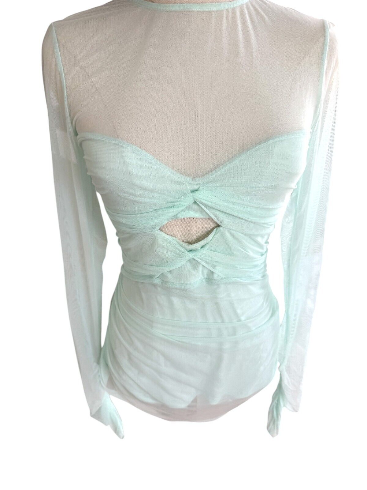 CUE Mesh Long Sleeve Gathered Top |Sz 10,Mint Green, Ruched, Sheer, Cut Out