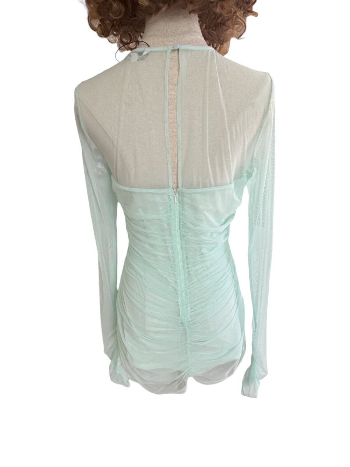 CUE Mesh Long Sleeve Gathered Top |Sz 10,Mint Green, Ruched, Sheer, Cut Out