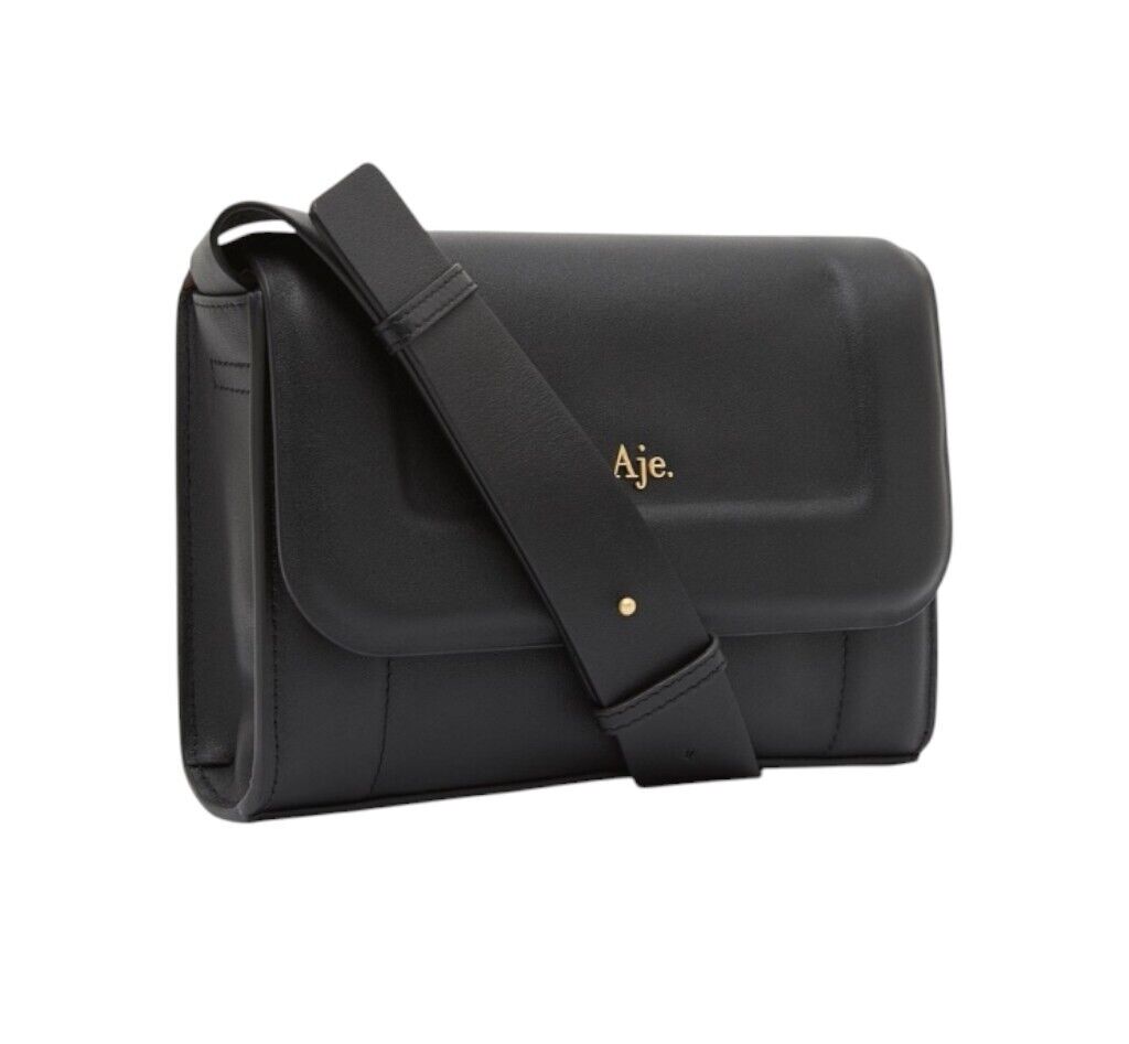 Aje Lora Padded Crossbody Handbag | Black Cow Leather, Gold Logo, Flap Close