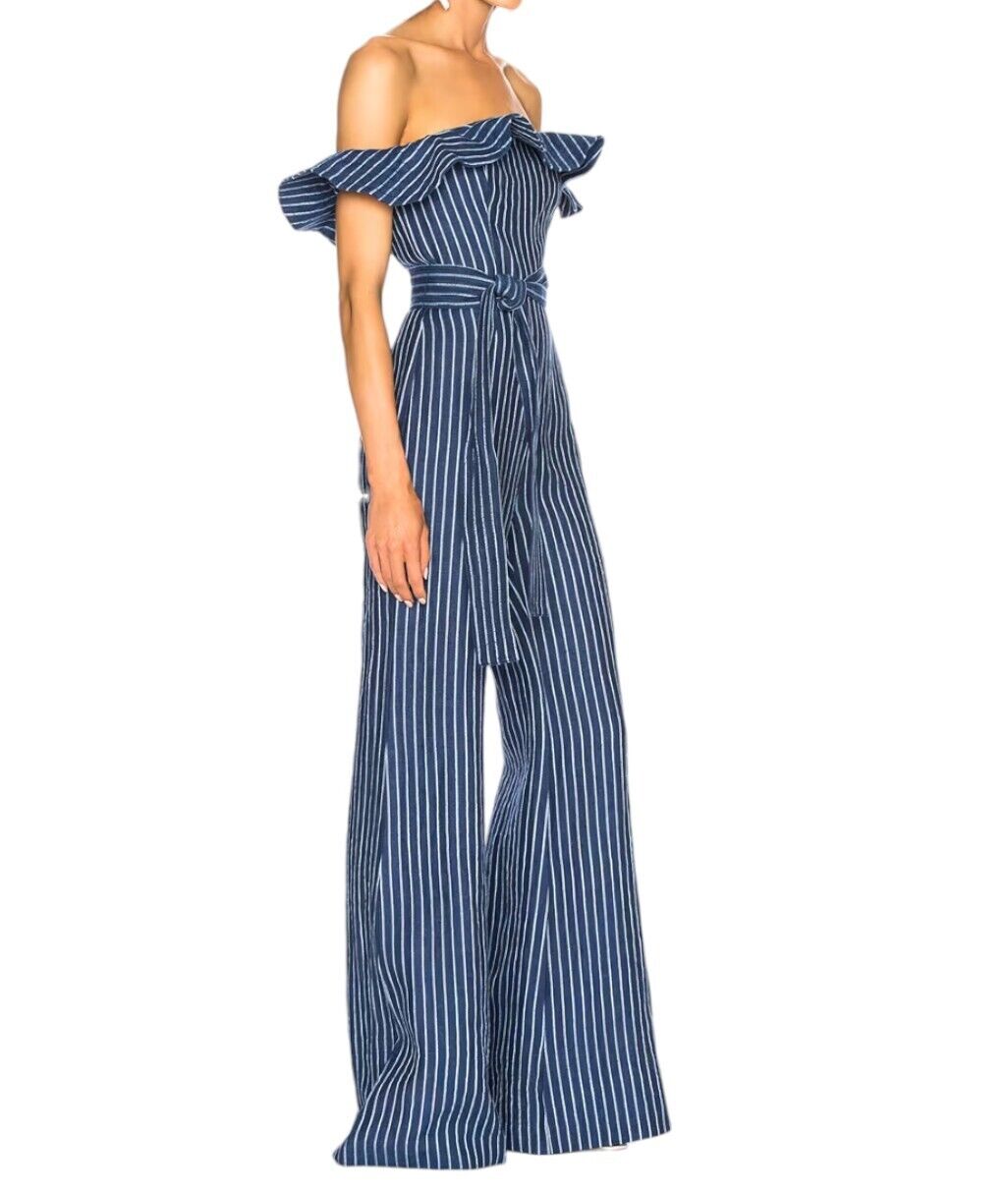 Alexis Edria Jumpsuit | Blue/White Pin Stripe, Linen, Off Shoulder, Belt, Frill