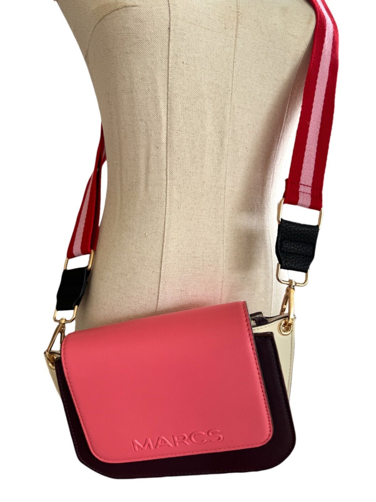 MARCS Colour Block Crossbody Bag | Pink/Burgundy, White, Vegan Leather, 2xStraps