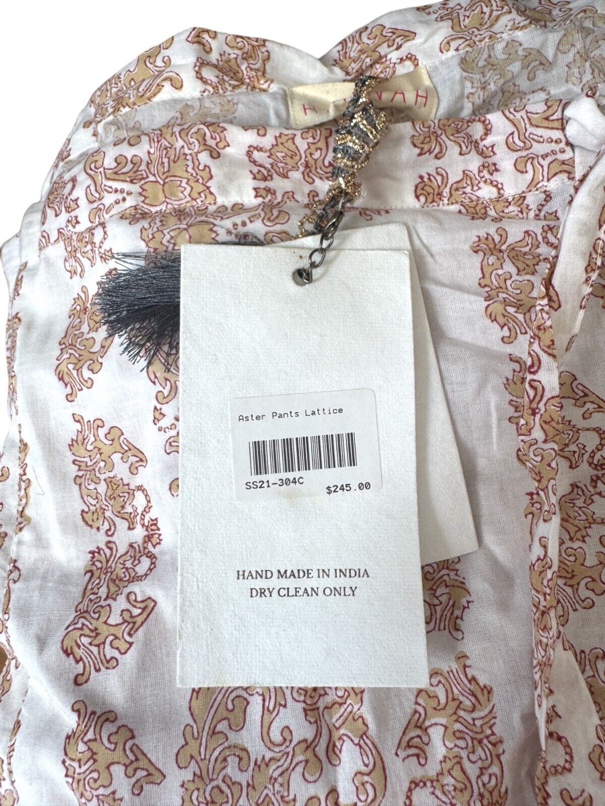 HANNAH Artwear Aster Pants | White Paisley, OS, Drawstring, HAND MADE Cotton
