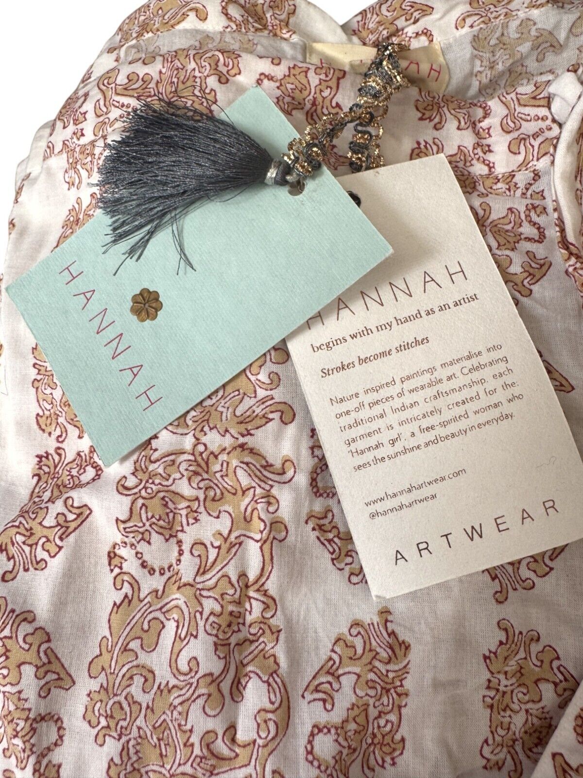 HANNAH Artwear Aster Pants | White Paisley, OS, Drawstring, HAND MADE Cotton