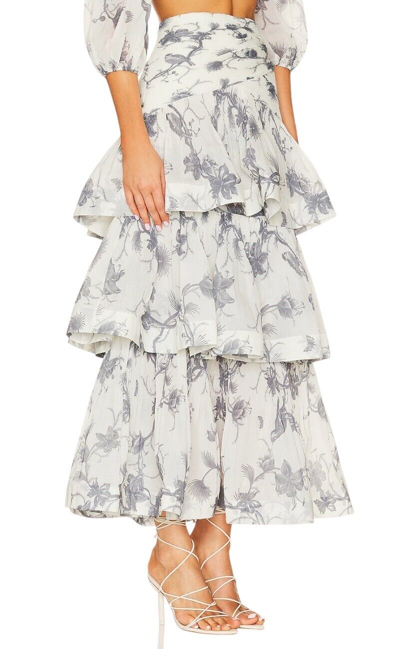 Zimmermann Pleated Tiered Skirt | Keira Navy White/Blue Print, Midi, High Waist