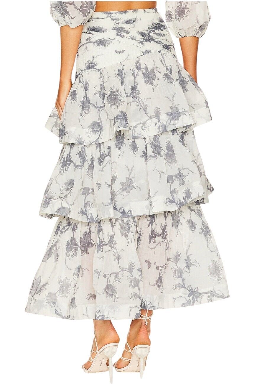 Zimmermann Pleated Tiered Skirt | Keira Navy White/Blue Print, Midi, High Waist