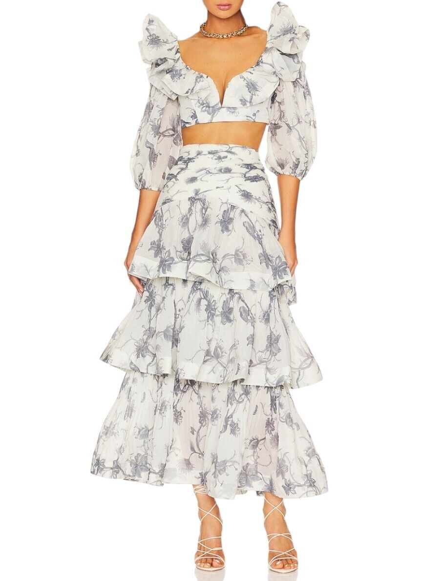 Zimmermann Pleated Tiered Skirt | Keira Navy White/Blue Print, Midi, High Waist