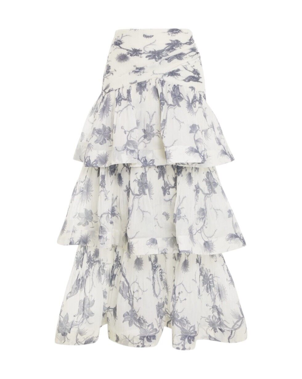 Zimmermann Pleated Tiered Skirt | Keira Navy White/Blue Print, Midi, High Waist
