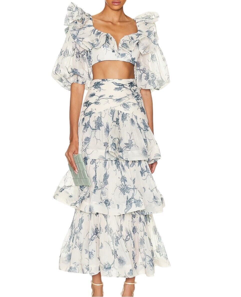 Zimmermann Pleated Tiered Skirt | Keira Navy White/Blue Print, Midi, High Waist