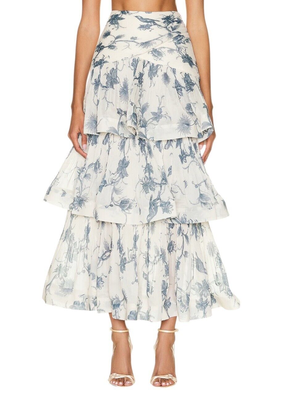 Zimmermann Pleated Tiered Skirt | Keira Navy White/Blue Print, Midi, High Waist