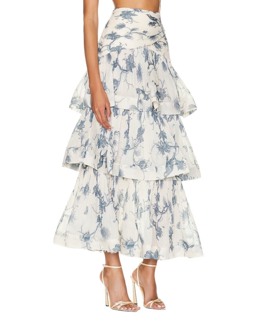 Zimmermann Pleated Tiered Skirt | Keira Navy White/Blue Print, Midi, High Waist