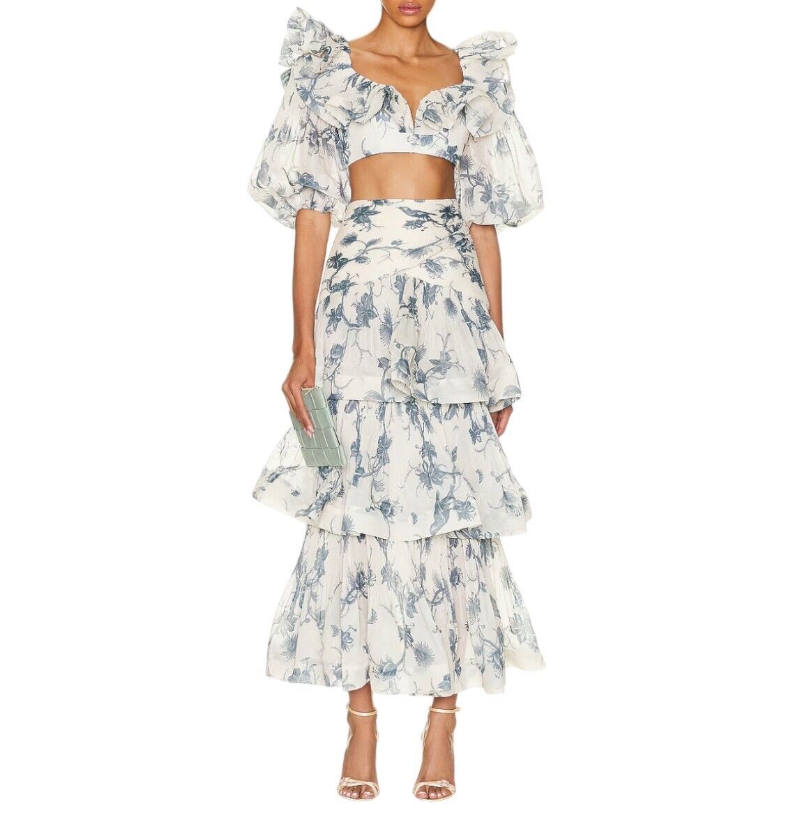 Zimmermann Pleated Tiered Skirt | Keira Navy White/Blue Print, Midi, High Waist