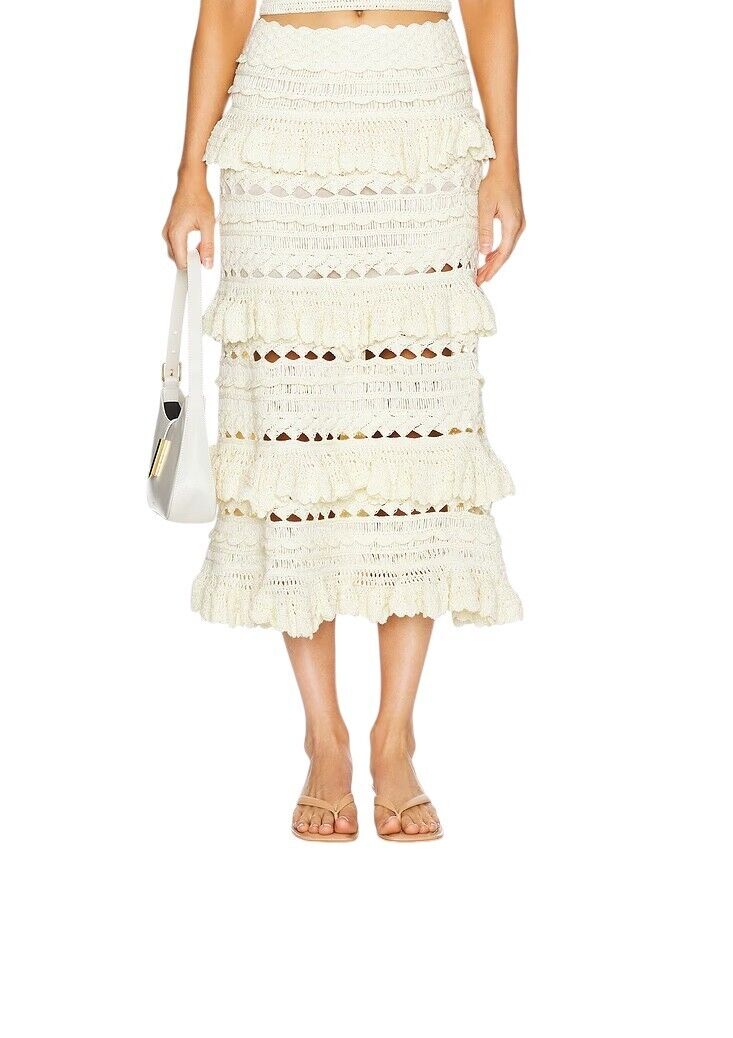 Zimmermann Waverly Crochet Midi Skirt | Cream, White, Tiered, Knitted, Stretch