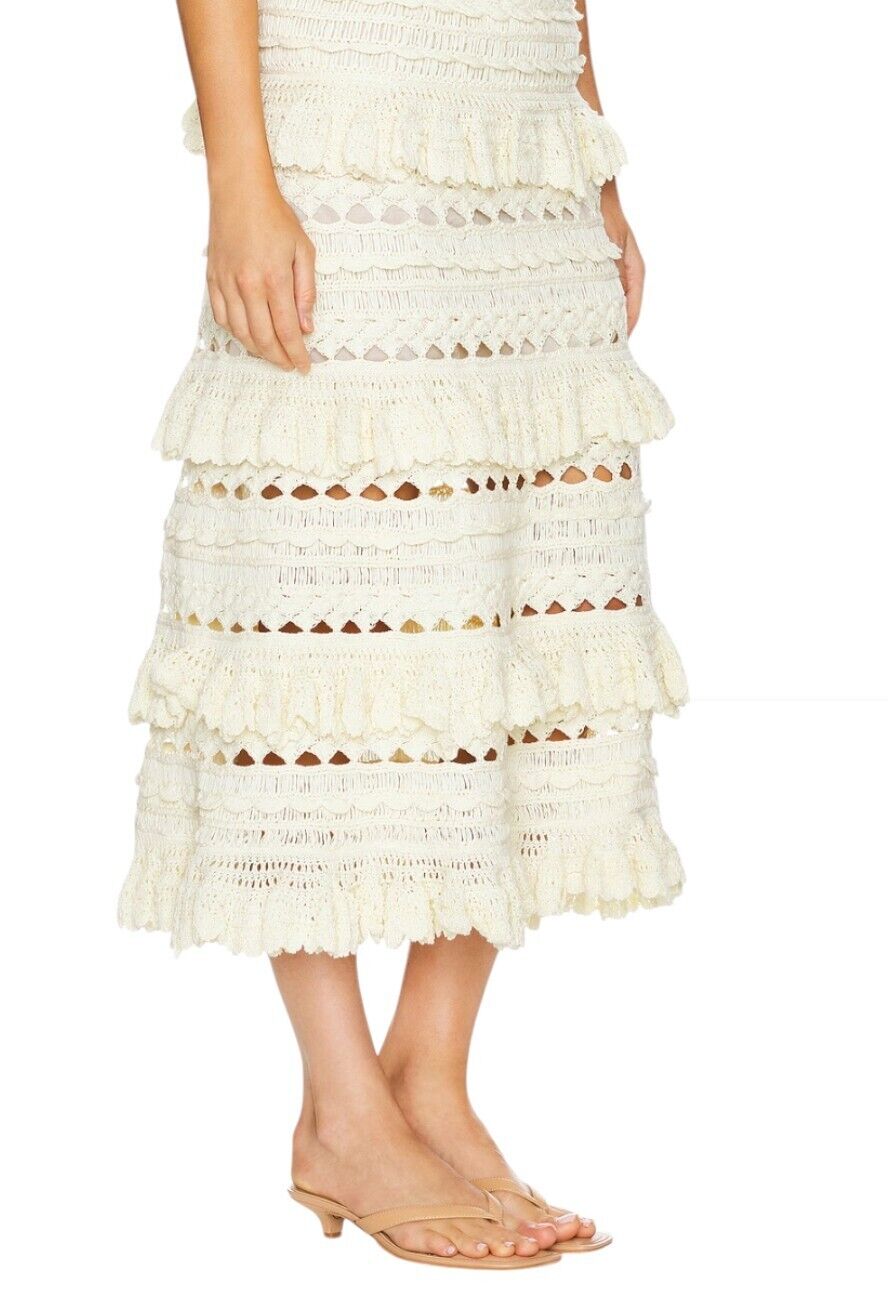 Zimmermann Waverly Crochet Midi Skirt | Cream, White, Tiered, Knitted, Stretch