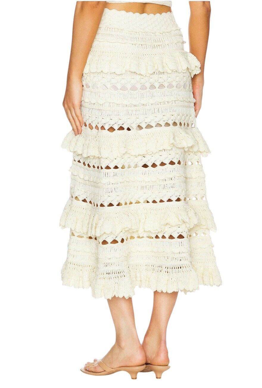 Zimmermann Waverly Crochet Midi Skirt | Cream, White, Tiered, Knitted, Stretch