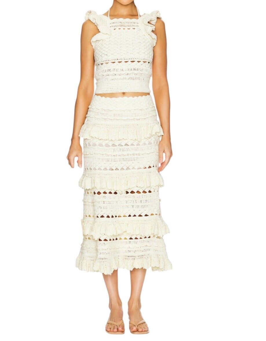 Zimmermann Waverly Crochet Midi Skirt | Cream, White, Tiered, Knitted, Stretch