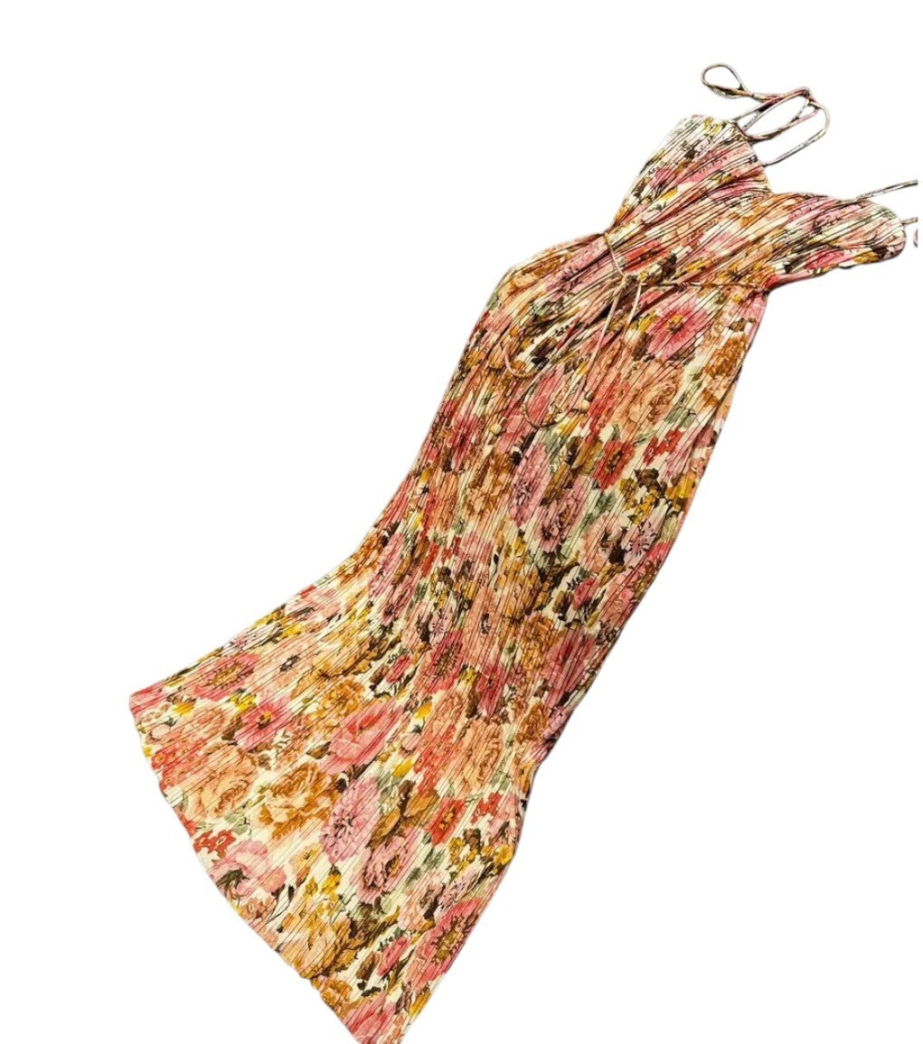 Zimmermann Golden Pleated Slip Dress | Pink Floral, Tie Shoulder, Beach Midi