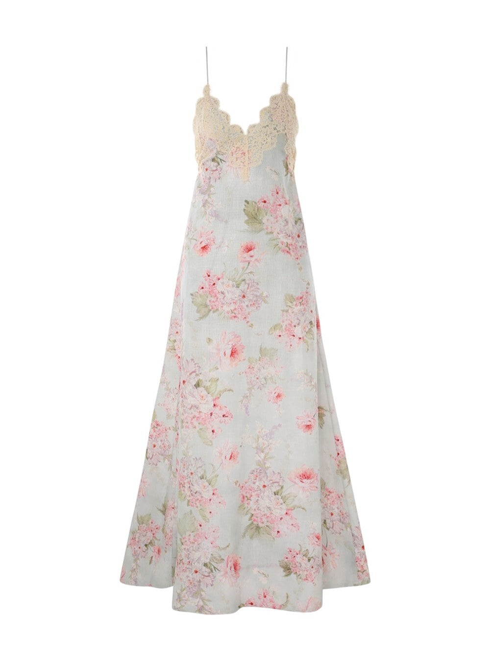 Zimmermann Halliday A Line Maxi Dress |Pastel Floral, Linen, Lace Trim, Backless