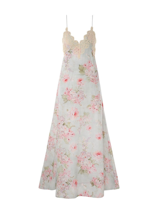 Zimmermann Halliday A Line Maxi Dress |Pastel Floral, Linen, Lace Trim, Backless