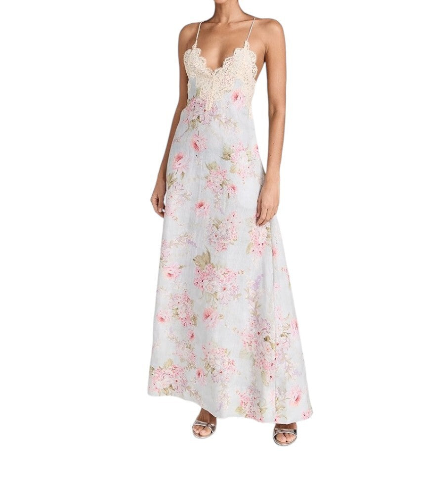 Zimmermann Halliday A Line Maxi Dress |Pastel Floral, Linen, Lace Trim, Backless