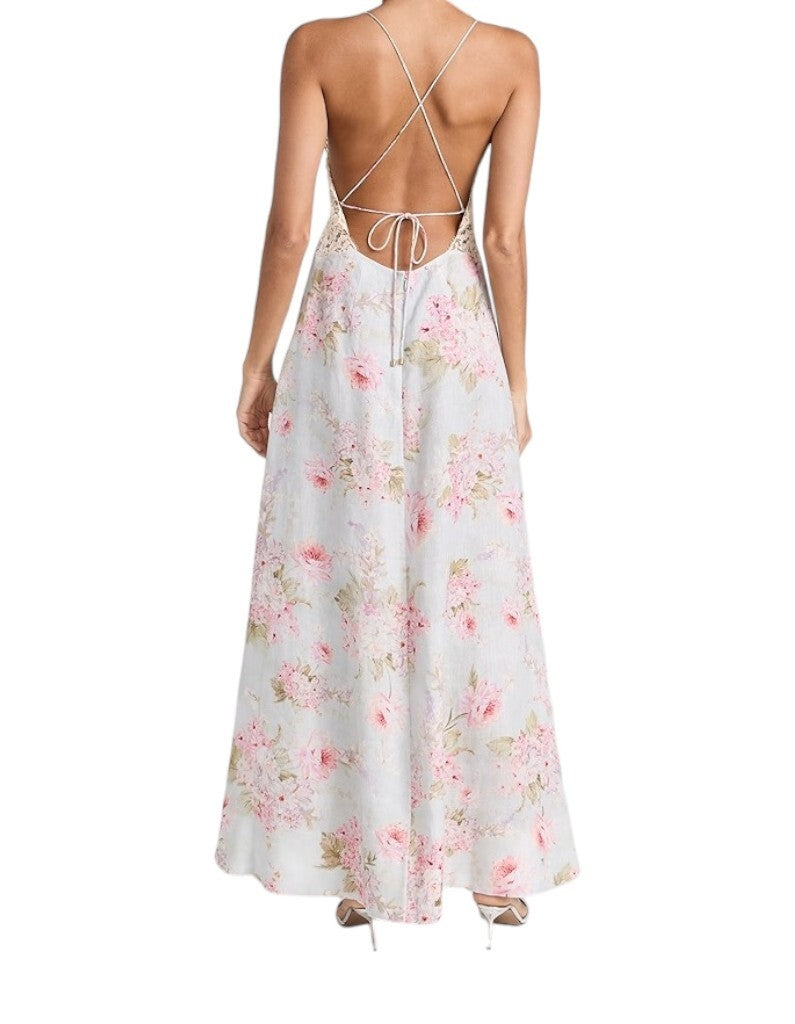 Zimmermann Halliday A Line Maxi Dress |Pastel Floral, Linen, Lace Trim, Backless