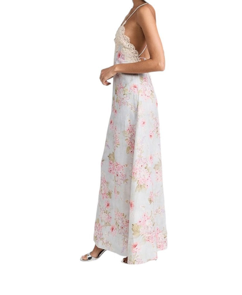 Zimmermann Halliday A Line Maxi Dress |Pastel Floral, Linen, Lace Trim, Backless