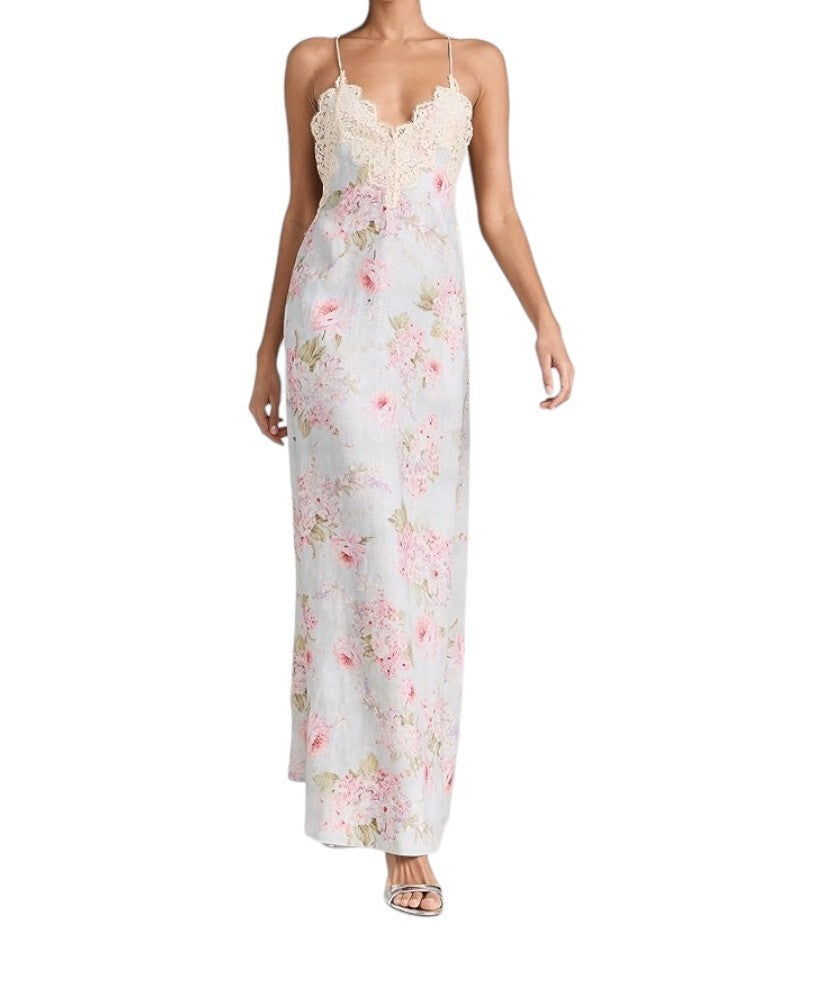 Zimmermann Halliday A Line Maxi Dress |Pastel Floral, Linen, Lace Trim, Backless