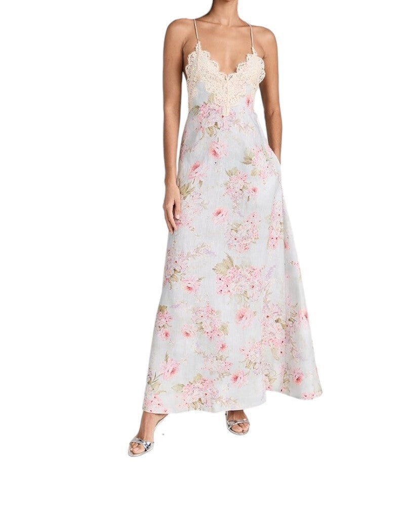 Zimmermann Halliday A Line Maxi Dress |Pastel Floral, Linen, Lace Trim, Backless