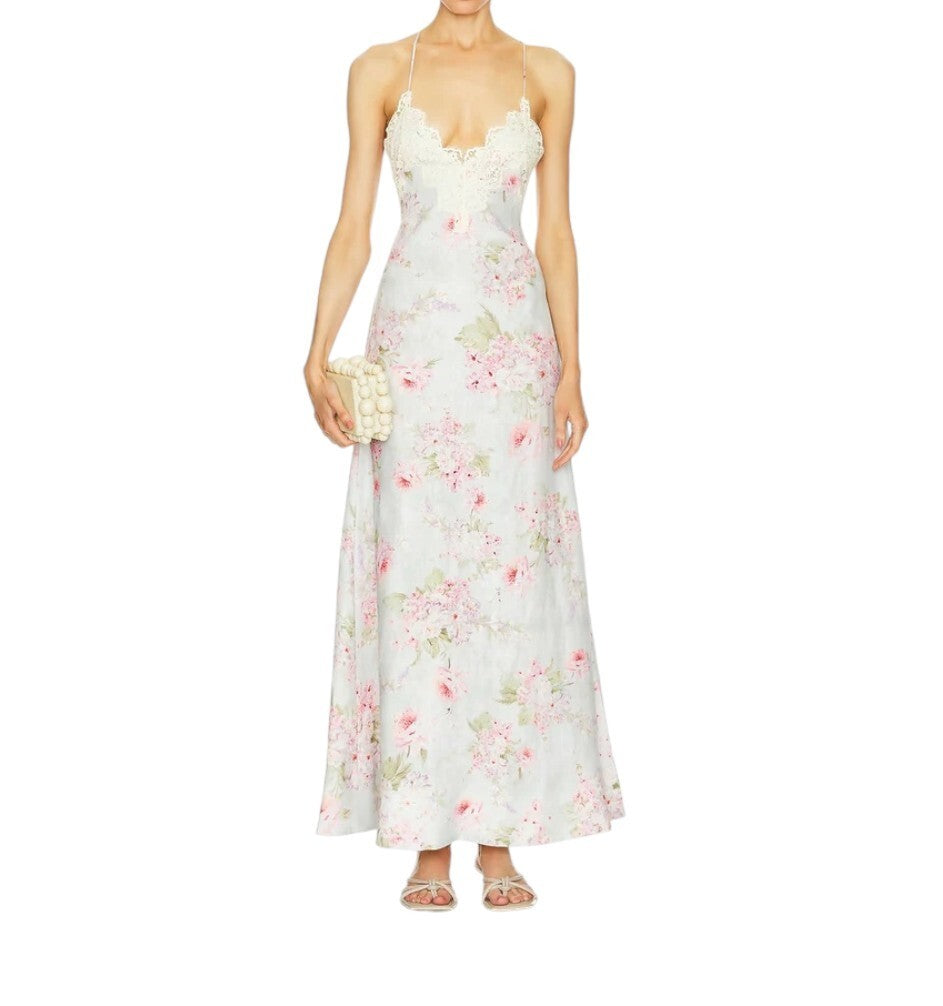 Zimmermann Halliday A Line Maxi Dress |Pastel Floral, Linen, Lace Trim, Backless