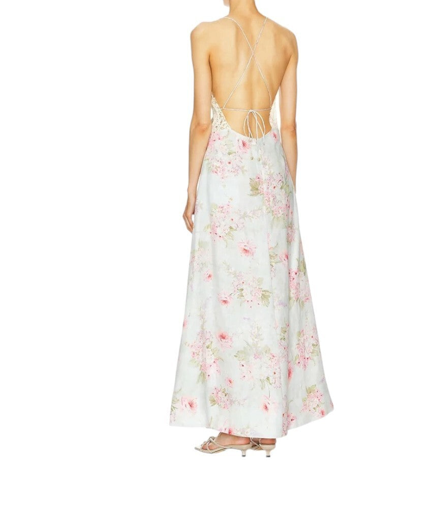 Zimmermann Halliday A Line Maxi Dress |Pastel Floral, Linen, Lace Trim, Backless