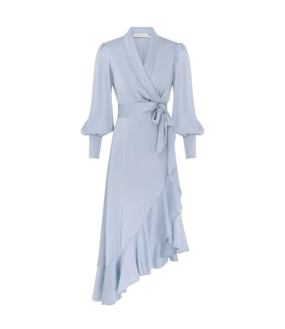 Zimmermann Silk Wrap Midi Dress | Pale Baby Blue, Asymmetric, Sueded Silk