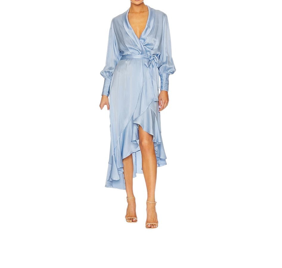 Zimmermann Silk Wrap Midi Dress | Pale Baby Blue, Asymmetric, Sueded Silk