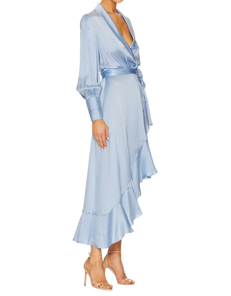 Zimmermann Silk Wrap Midi Dress | Pale Baby Blue, Asymmetric, Sueded Silk