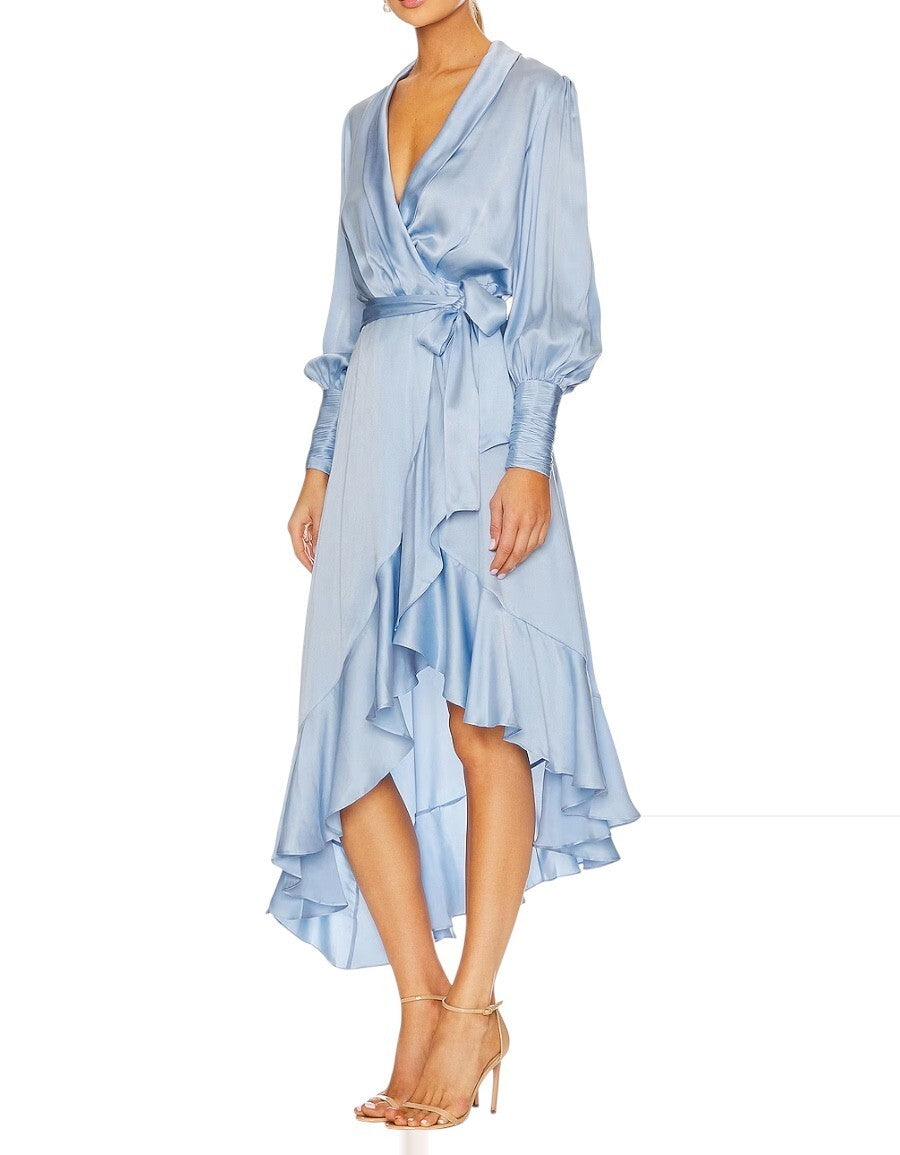 Zimmermann Silk Wrap Midi Dress | Pale Baby Blue, Asymmetric, Sueded Silk