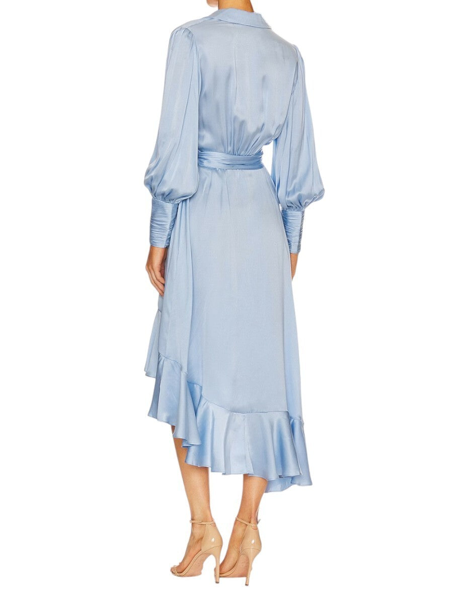 Zimmermann Silk Wrap Midi Dress | Pale Baby Blue, Asymmetric, Sueded Silk