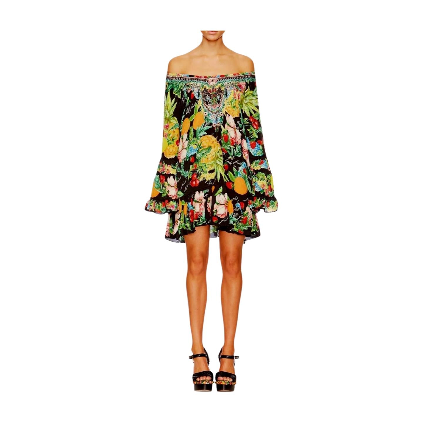 Camilla A Line Frill Dress | Call Me Carmen, Off Shoulder, Flared Sleeves, Black