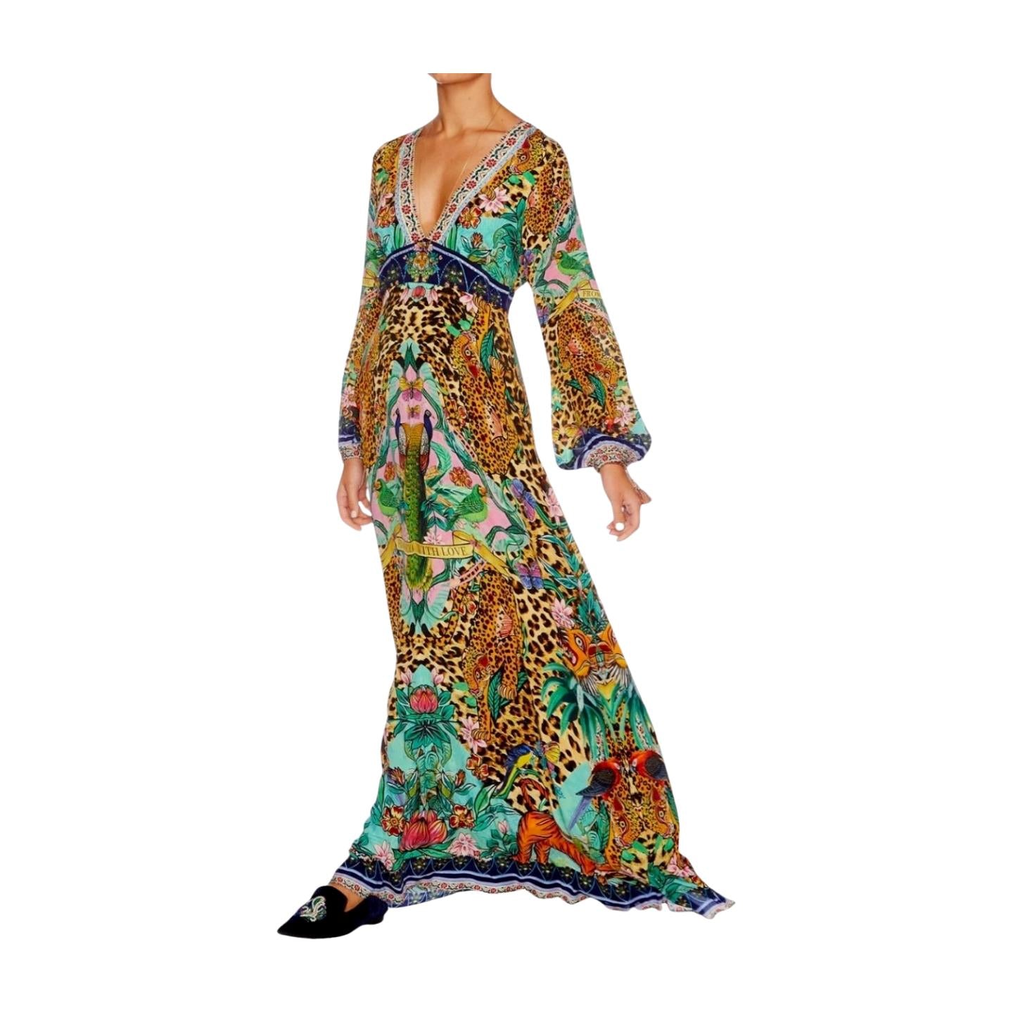 Camilla Long Dress w/ Bell Sleeves | Jungle Print, Leopard Print, Maxi, V Neck