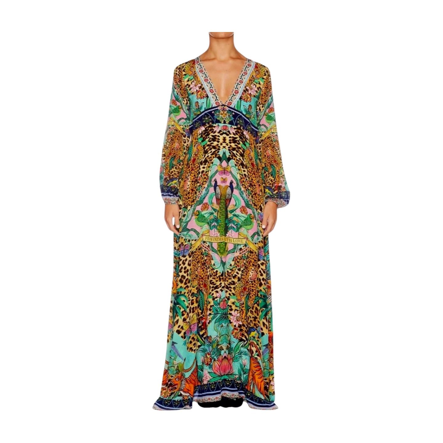Camilla Long Dress w/ Bell Sleeves | Jungle Print, Leopard Print, Maxi, V Neck