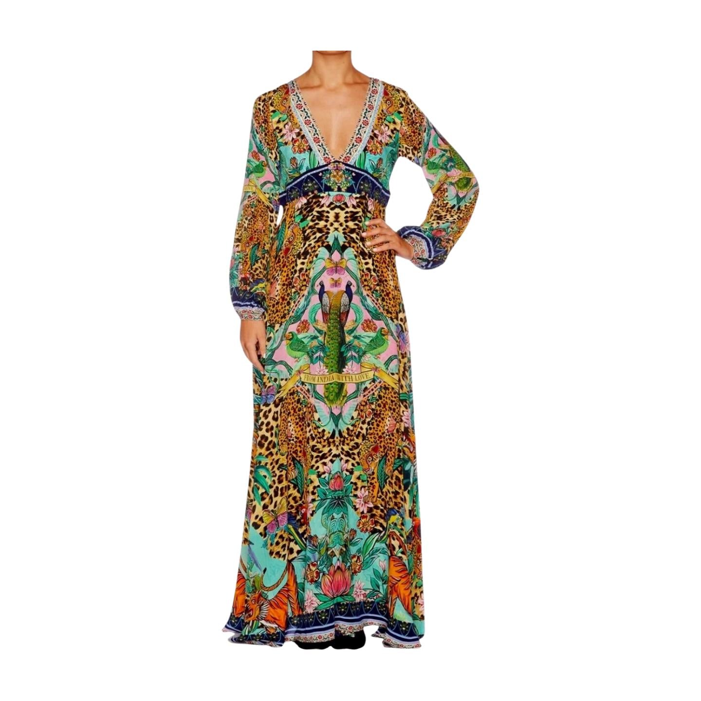 Camilla Long Dress w/ Bell Sleeves | Jungle Print, Leopard Print, Maxi, V Neck