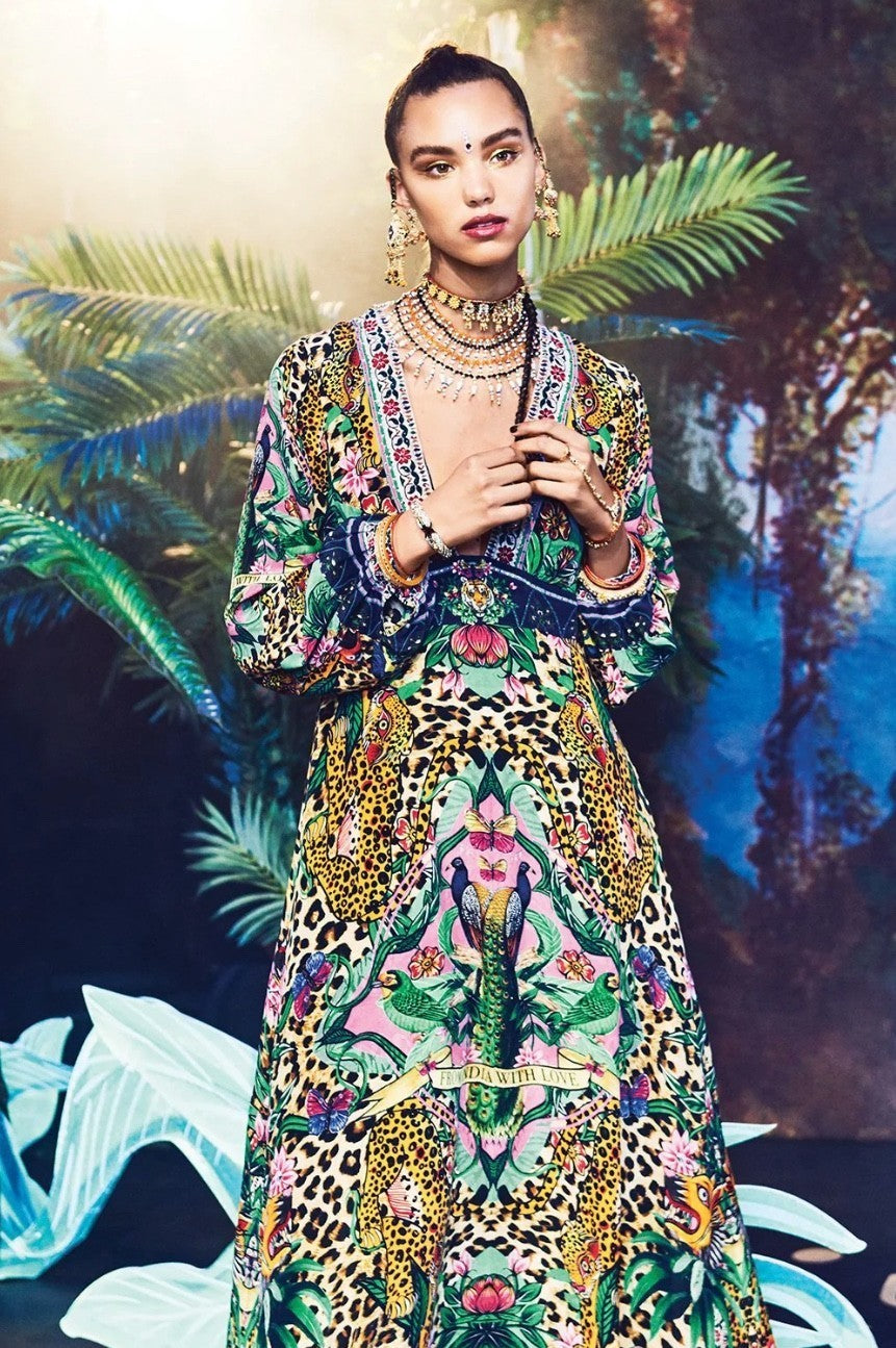Camilla Long Dress w/ Bell Sleeves | Jungle Print, Leopard Print, Maxi, V Neck