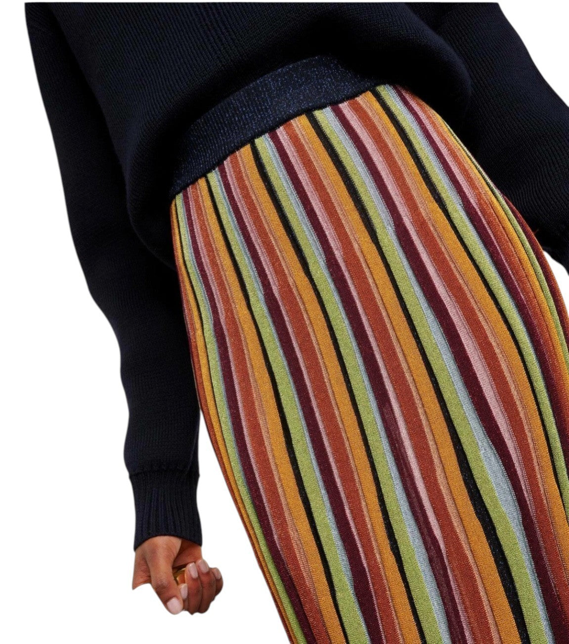 Zimmermann Alight Stripe Midi Skirt | Metallic, Ribbed, Elastic Waist, Striped