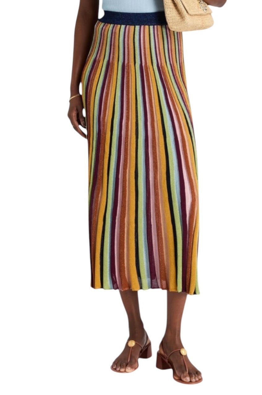 Zimmermann Alight Stripe Midi Skirt | Metallic, Ribbed, Elastic Waist, Striped