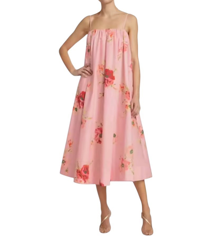 Zimmermann Lightburst Puff Midi Dress | Pink Floral, Relaxed, Poplin Cotton