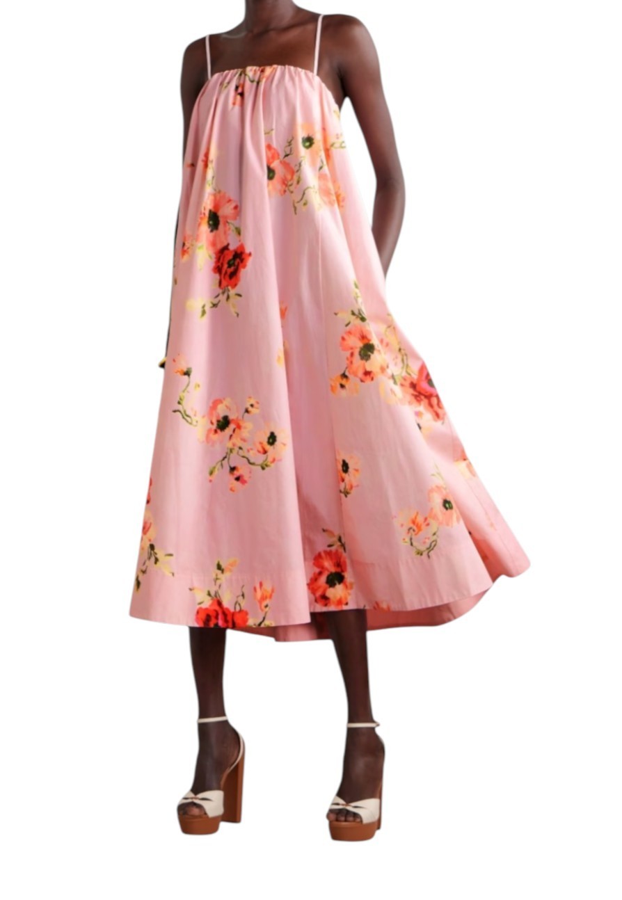 Zimmermann Lightburst Puff Midi Dress | Pink Floral, Relaxed, Poplin Cotton