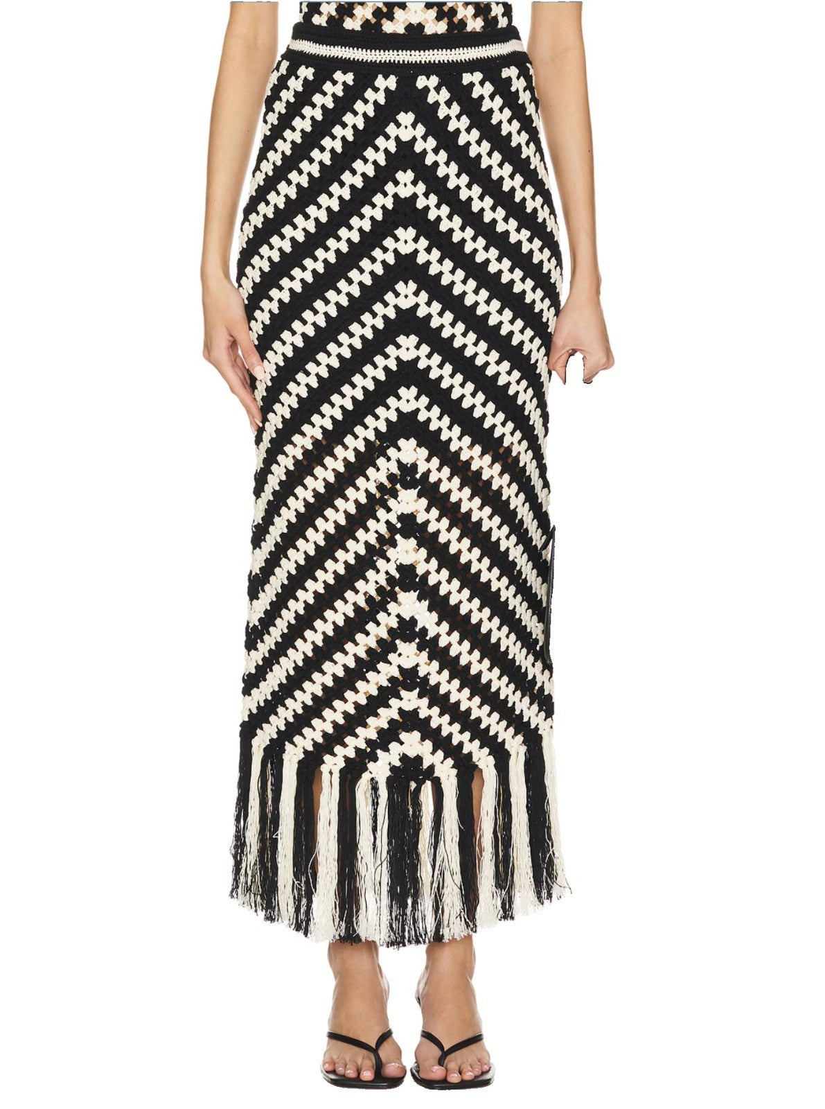 Zimmermann Halliday Hand Crochet Skirt | Chevron, Black+White, Knitted, Midi