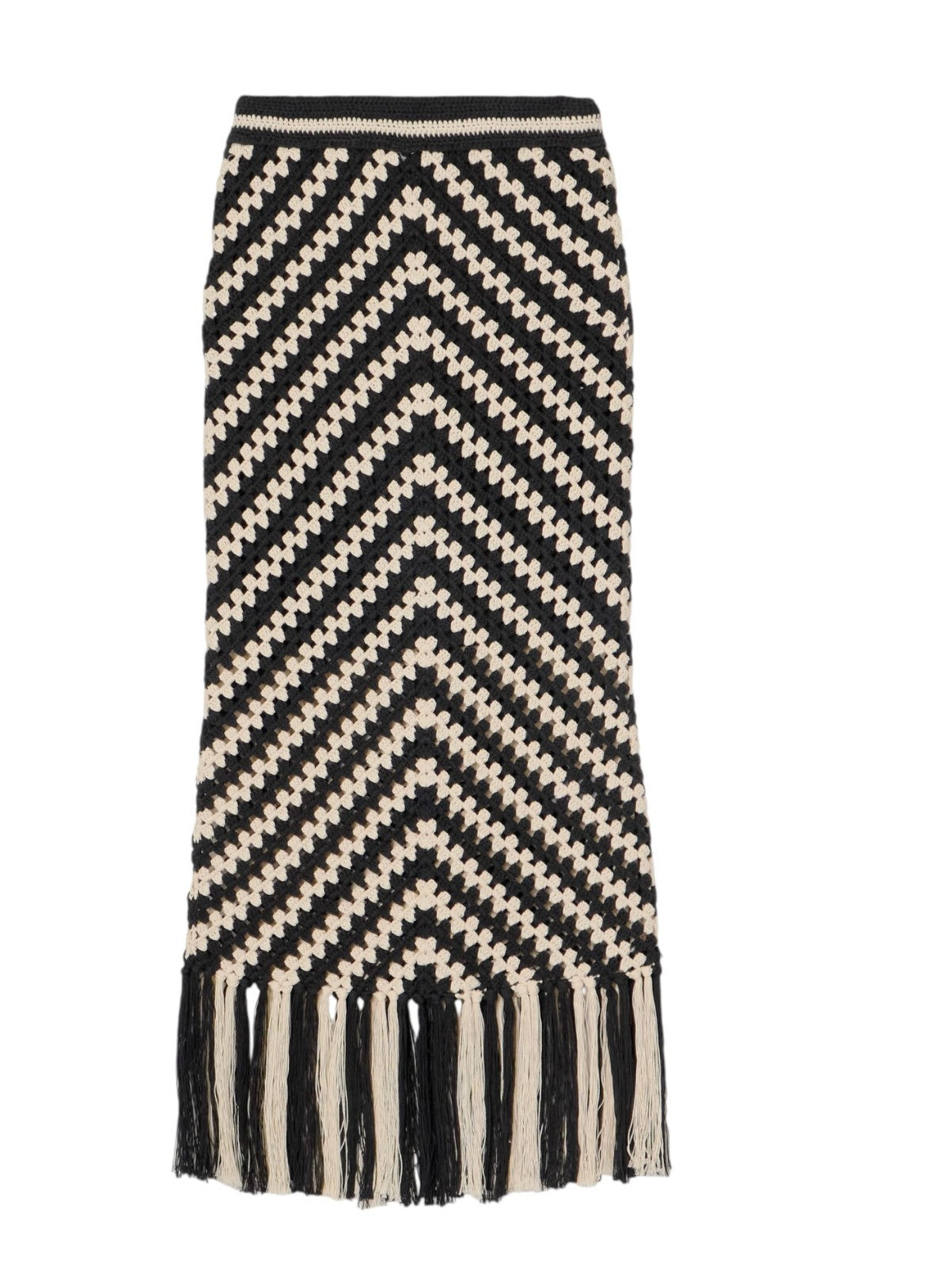 Zimmermann Halliday Hand Crochet Skirt | Chevron, Black+White, Knitted, Midi