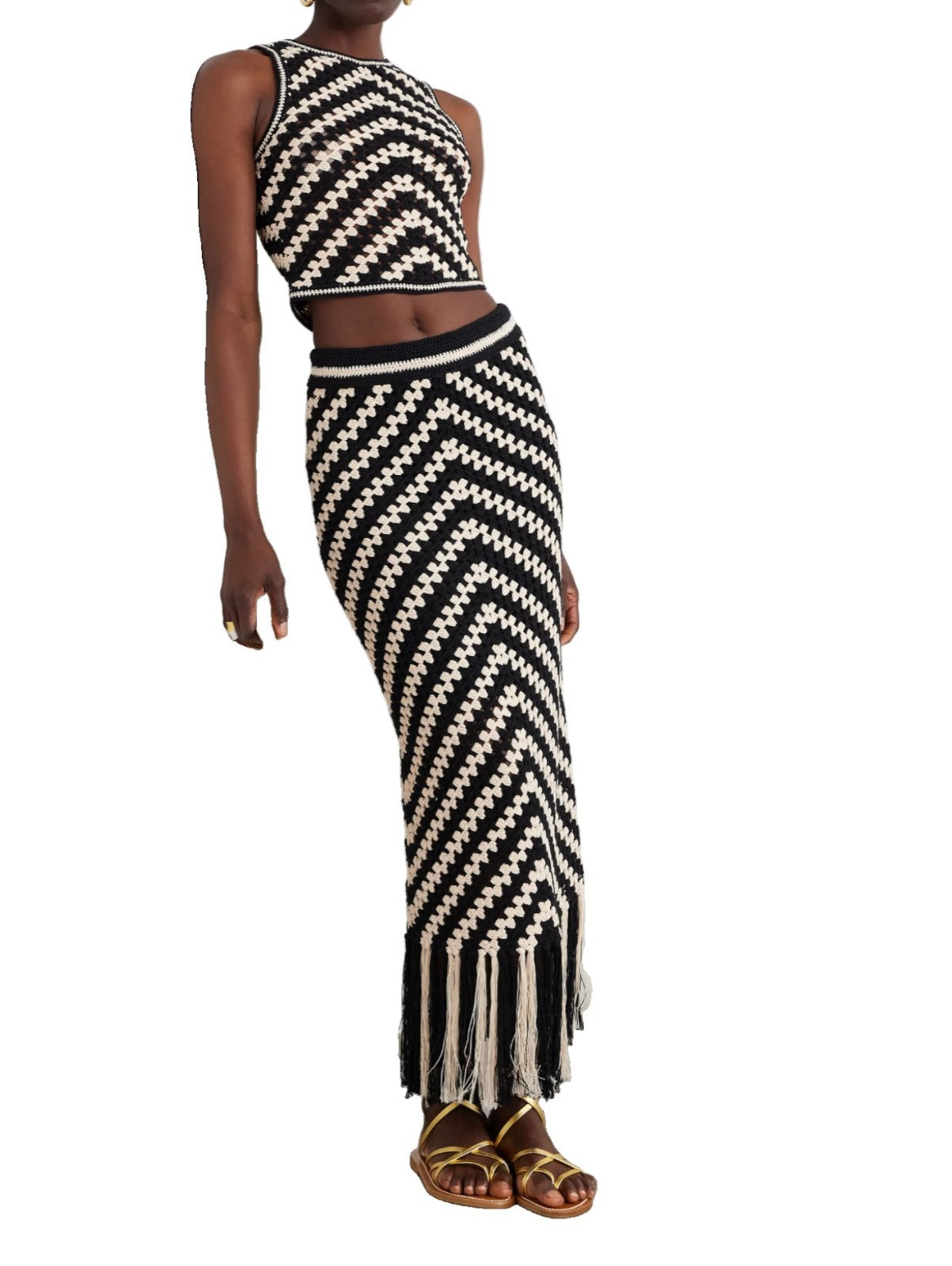 Zimmermann Halliday Hand Crochet Skirt | Chevron, Black+White, Knitted, Midi