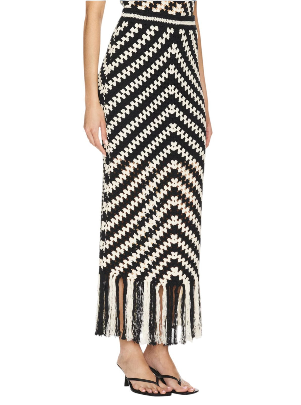 Zimmermann Halliday Hand Crochet Skirt | Chevron, Black+White, Knitted, Midi