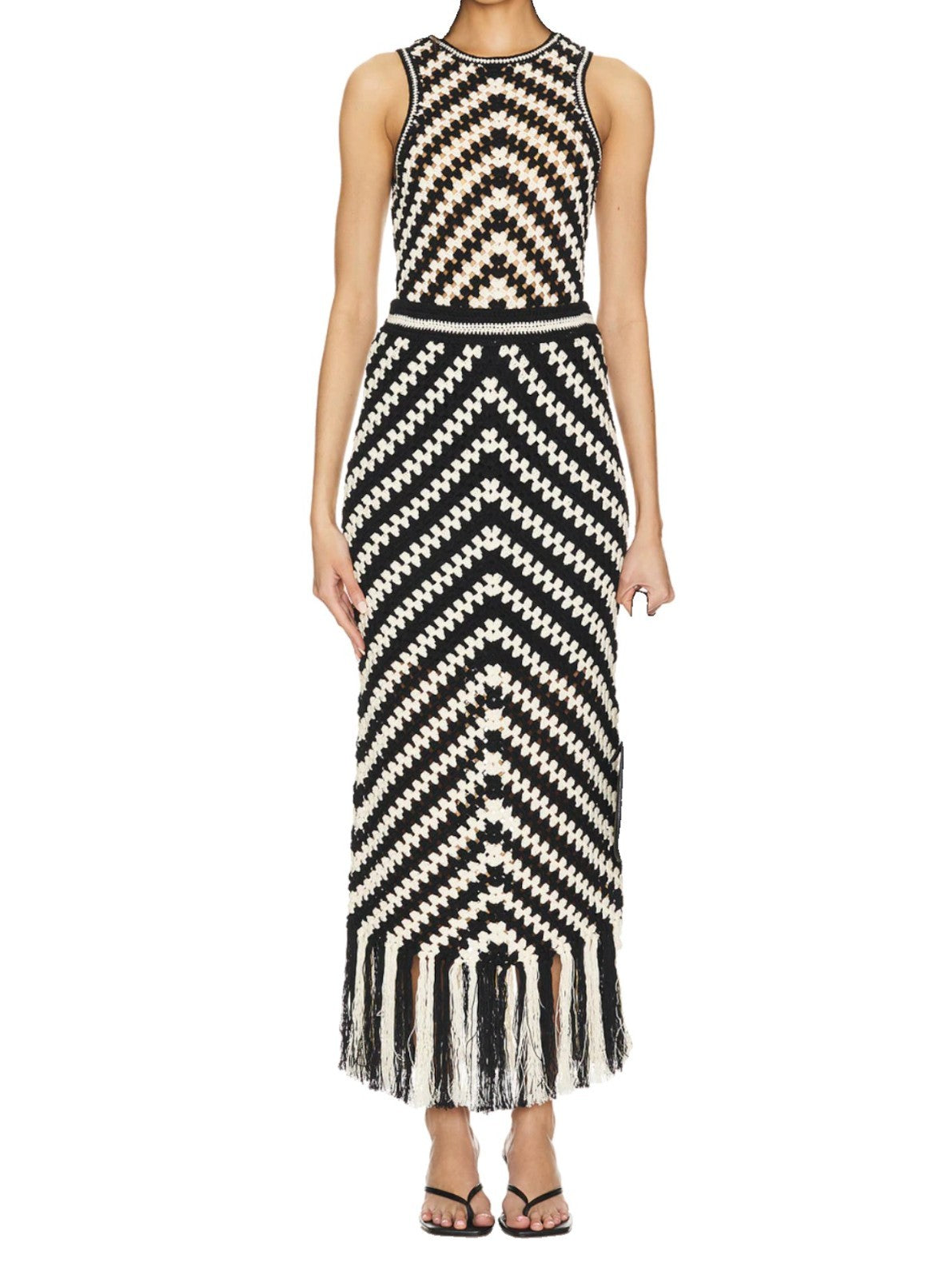 Zimmermann Halliday Hand Crochet Skirt | Chevron, Black+White, Knitted, Midi